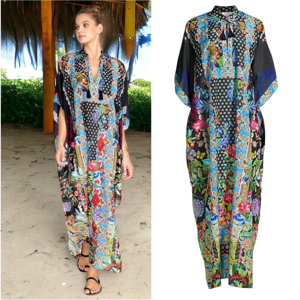 Johnny Was Dreamer Long Kaftan Swim Cover Up Dress Silk Blend Women
